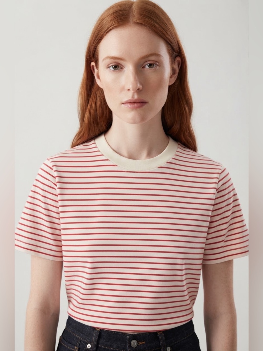 COS Red and Cream Striped Crewneck Tee